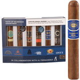 Altadis AJ Fernandez Taste Of Nicaragua Cigar Sampler 6 Ct., a box of premium cigar samplers with six cigars in various flavors and branding, and an individual cigar with a blue and gold band.