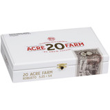 Acid 20 Acre Farm, product box of Drew Estate cigars with a white exterior, red and gold text, and vintage-style illustration on a green background.