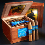ACID Cigars by Drew Estate Wafe 28Ct Box, a wooden cigar box with rolling cigars and a vibrant label, featuring two cigars outside the box with blue bands.