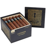 Alec Bradley Alec & Bradley Gatekeeper Gordo Cigars 24Ct. Box, open cigar box containing 24 cigars with decorative bands, and a matching black and gold decorative lid.