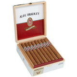 Alec Bradley Connecticut Churchill Cigars 24Ct. Box, wooden cigar box with 12 cigars neatly arranged inside, open lid showing brand logo and product name.