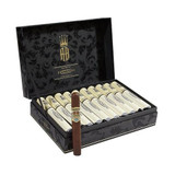 Alec Bradley Prensado Tubo Toro Cigars 10Ct. Box, open luxury black presentation box with ornate design, containing ten torpedo-shaped cigars with gold bands, one cigar resting outside the box.