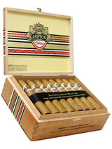 Ashton Cabinet Selection Belicoso Cigars 25Ct. Box, open wooden cigar box containing 25 Belicoso cigars with decorative bands.