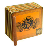 Victor Sinclair Primeros Cigars, image showing multiple cigar tins with an orange and gold design and a single cigar leaning against the tins.