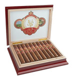 Victor Sinclair 20th Anniversary Cigars, open wooden box with 12 cigars and a decorative logo on the inside lid.