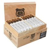 Asylum 13 Medulla Oblongata 660 Cigars 50 Ct. Box, open wooden cigar box containing 50 cigars with branded bands, black and white packaging, and box with branding and product details.