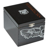 Asylum Nyctophilia Seventy Cigars 24 Ct. Box, black wooden cigar box with winged skull logo and orange text on the lid.