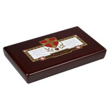 AJ Fernandez Ave Maria Reconquista Torpedo Cigars 10 Count Box, dark mahogany wooden cigar box with gold and red label and crest design.
