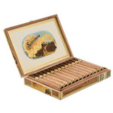 Sobremesa Cigars, open wooden cigar box containing multiple cigars with gold and dark labels