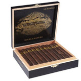 Sancho Panza Double Maduro (Legacy) Cigars, box of premium cigars with dark brown wrappers inside a wooden presentation box.