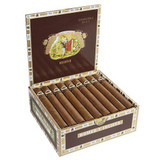 Romeo y Julieta Reserve Cigars, opened cigar box displaying neatly arranged cigars inside with decorative packaging and branding.