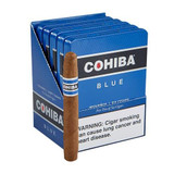 Cohiba Blue Pequeno Cigarillos 30Ct. Pack, featuring a single cigarillo next to the blue packaged box of cigarillos.