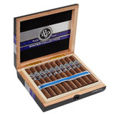 Rocky Patel Winter Collection 2020 Cigars, unopened wooden cigar box with 20 cigars inside, black, blue, and silver packaging design.