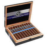 Rocky Patel Winter Collection 2020 Cigars, open wooden box containing cigars arranged in rows with Smoky wrapper bands.