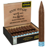 Rocky Patel The Edge Habano Cigars, a box of premium long filler cigars with a single cigar standing outside the box showing the brown wrapper and blue band.
