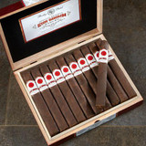 Rocky Patel Sun Grown Maduro Cigars, a box of premium cigars with dark, Maduro wrappers and individual labels, some cigars arranged in a neat row with one slightly pulled out.