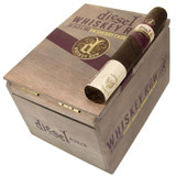 Diesel Whiskey Row Sherry Cask Gigante Cigars 20 Ct., wooden cigar box with a single cigar placed on top, featuring branding and labels for whiskey and sherry cask flavor