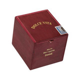 Dolce Vita Minis Mini Cigarillo Sweet Tip Connecticut 100Ct. Box, burgundy wooden box with gold lettering and a stamp, packaging for mini cigarillos.