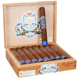 Don Pepin Garcia Blue Toro Gordo Cigars 18Ct. Box, wooden cigar box with a single cigar displayed on top, featuring a blue and gold band and blue foot band, containing 18 cigars arranged inside.