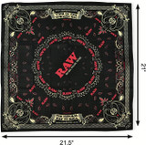 RAW Bandana Black, black bandana with red, white, and beige decorative patterns and the RAW logo in the center.