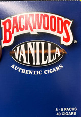 Altadis Backwoods Vanilla Cigars 8/5Ct, image of cigar box packaging with Backwoods Vanilla logo and description of 8 packs containing 5 cigars each