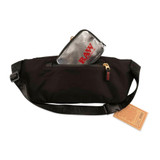 RAW X Rolling Papers Crossbody Fanny Pack Sling Bang, black fanny pack with a zippered pocket and adjustable strap, featuring a silver RAW branded accessory inside the pocket.