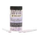 Blazy Susan 53Mm Shorty Purple Pre-Rolled Cones 50Ct, transparent container with purple pre-rolled cones for smoking, with a few cones placed in front of the container.