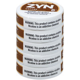Zyn Nicotine Pouches Coffee 6 Mg 15/5 Tins, stacked containers with warning labels about nicotine being an addictive chemical.