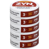 Zyn Nicotine Pouches Cinnamon 3 Mg 15/5 Tins, four stacked cylindrical containers with red and white labels showing product details and warnings.
