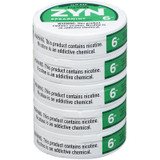 Zyn Nicotine Pouches Spearmint 6 Mg 15/5 Tins, stack of six tins with green and white packaging featuring the Zyn logo and spearmint flavor designation.