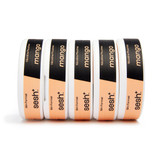 Sesh Tobacco Free Nicotine Pouch Mango 8mg 1/5 Ct Roll, image of five white tins with black and peach labels stacked in a row.