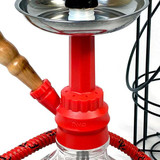 The Chico MYA Hookah with wire basket, featuring a red base and a metal bowl for smoking, with a wooden handle and flexible red hose.