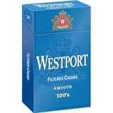 WestPort Tobacco Westport Filtered Cigars Light, blue pack of filtered cigars with branding and product details on the packaging.