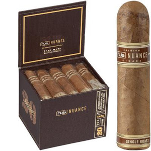 Oliva Cigars Nub Nuance Single Roast 460 Cigars 20 Ct. Box, image of an open black box containing multiple cigars with a single cigar placed outside the box showing its detailed band and packaging.