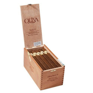 Oliva Cigars Oliva Serie G Cameroon Churchill Cigars 25Ct.Box-Press, open wooden box displaying 25 cigars with bands in a neat row.