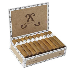 Amati Robusto Cigars 20Ct. Box, a display of 20 premium cigars neatly arranged inside an open box with a brown and white design, featuring the Amati logo on the inside of the lid.