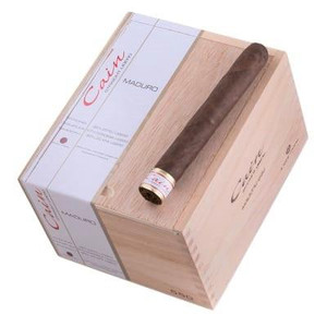 Oliva Cigars Cain by Oliva Robusto Maduro Cigars 24Ct. Box, image showing a single cigar placed on a wooden presentation box.