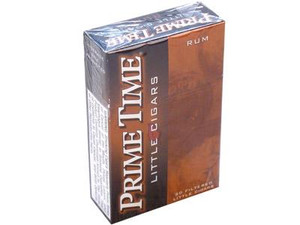 Prime Time Little Cigars Rum, retail pack of flavored small cigars with a rum theme design.