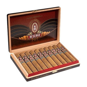 Alec Bradley Reserve Connecticut Grande Cigars 10Ct. Box, open wooden box with ten cigars neatly arranged inside and a colorful interior lid design.