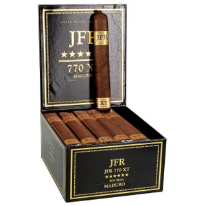 Casa Fernandez J.F.R. XT Maduro 770 Cigars 24Ct. Box, display of a black and gold box with multiple cigars inside, featuring gold labels with 'XT' and brand details on each cigar.