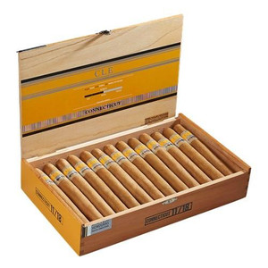 CLE Connecticut 470 Cigars 25Ct. Box, open wooden cigar box filled with premium cigars neatly arranged inside with a yellow and brown label design.