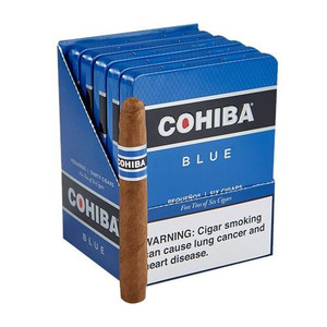 Cohiba Blue Pequeno Cigarillos 30Ct. Pack, featuring a single cigarillo next to the blue packaged box of cigarillos.