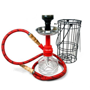 The Chico MYA Hookah with wire Basket, modern water pipe for smoking, featuring a red hose, glass base, metal stem, and an accompanying wire basket.