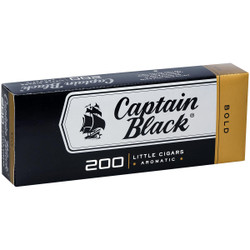 Captain Black Little Cigars Bold, pack of 200 aromatic small cigars with a black and gold packaging design. Captain Black Little Cigars Bold, pack of 200 aromatic small cigars with a black and gold packaging design.