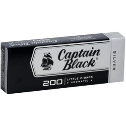 Captain Black Little Cigars Silver, black and silver pack of 200 aromatic little cigars. Captain Black Little Cigars Silver, black and silver pack of 200 aromatic little cigars.