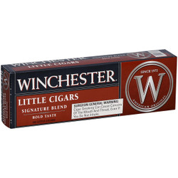 Product Winchester Little Cigars Signature Blend 100 Box, a rectangular pack of small cigars with a black and red design, featuring a large W logo and health warning label. Product Winchester Little Cigars Signature Blend 100 Box, a rectangular pack of small cigars with a black and red design, featuring a large W logo and health warning label.