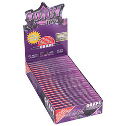 Juicy Jay Rolling Papers Grape 1 1/4 24Ct, purple packaging with multiple packs of grape flavored rolling papers displayed inside a retail box. Juicy Jay Rolling Papers Grape 1 1/4 24Ct, purple packaging with multiple packs of grape flavored rolling papers displayed inside a retail box.