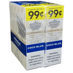 Swisher International Swisher Sweets Cigarillos Foil Coco Blue 30 Pouches of 2, packaging with yellow promotional label and blue branding, containing flavored cigarillos.