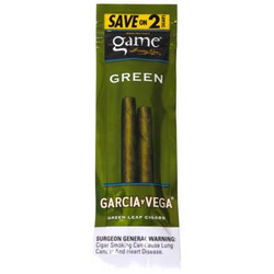 Swedish Match Game Cigarillos Foil Green 30 Pouches of 2, package showing green leaf cigars and promotional discount offer. Swedish Match Game Cigarillos Foil Green 30 Pouches of 2, package showing green leaf cigars and promotional discount offer.