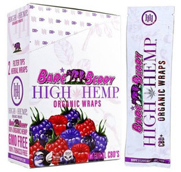 High Hemp Organic Wraps Bare Berry 25Ct/2, packaging of organic berry flavored hemp wraps with images of fresh berries and a purple hemp leaf logo.